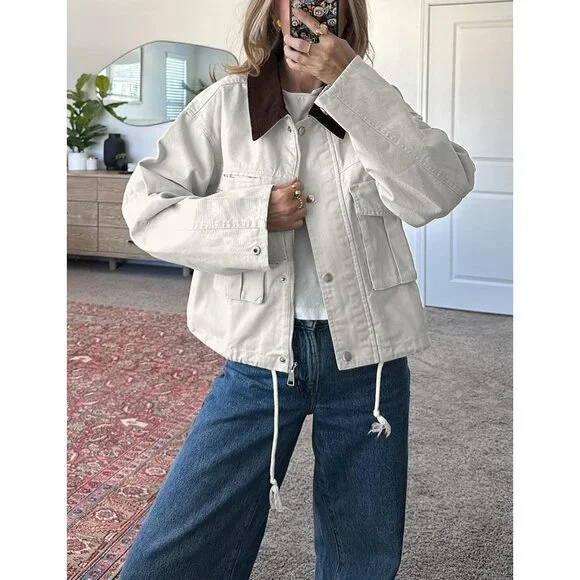 Women's Cream Cropped Contrast Collar Utility Coat Cargo Jacket Imported - Picture 4 of 6